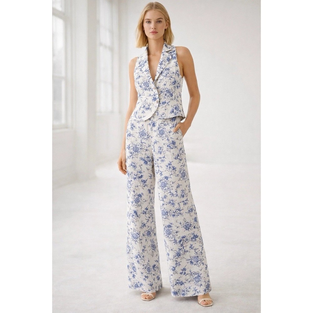 Jason Wu Floral Linen Set Size 6 White Blue Halter Top Wide Leg Pants Toile Chic